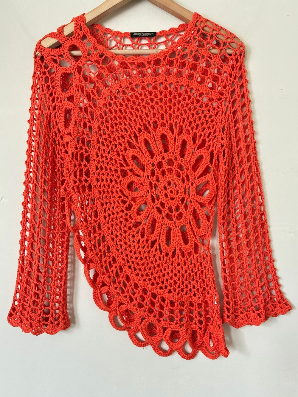 John F. Y2K Fairycore Orange Crochet Floral Asymmetrical Open Knit Sweater M